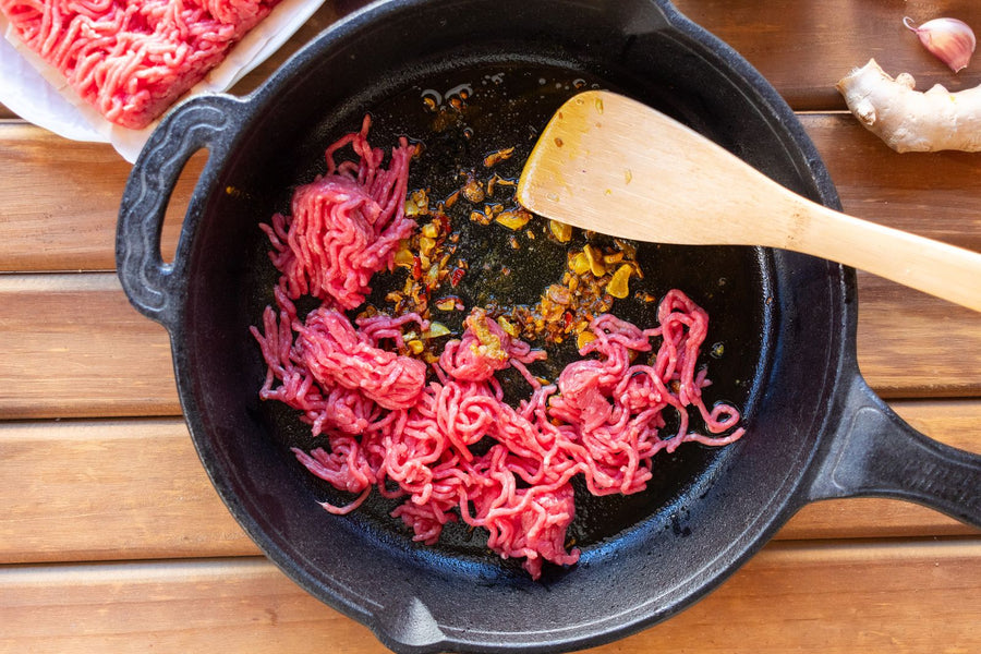 Cooked beef mince in a skillet