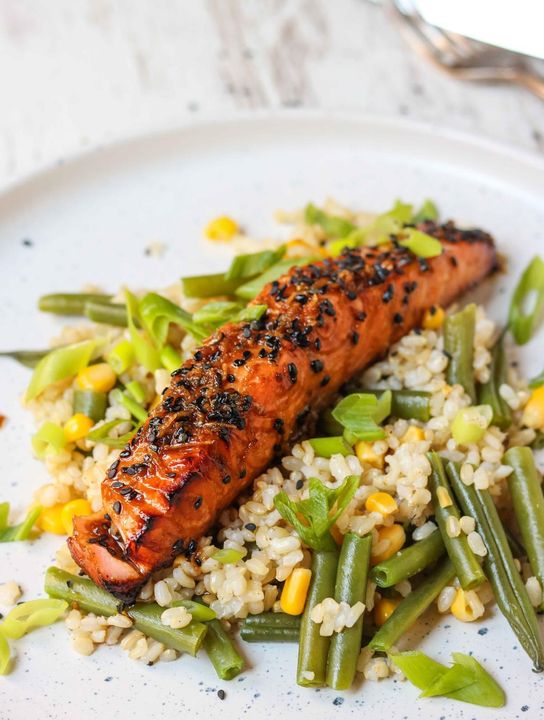 Salmon Teriyaki With Green Beans & Sweetcorn Rice